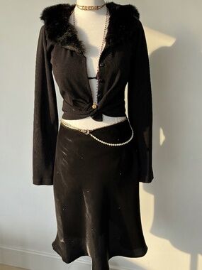 VintageBlue Black Liquid Slip Skirt Rhinestone Accents Made in USA